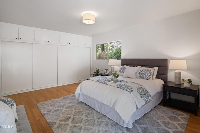 bedroom featuring light hardwood / wood-style flooring and a closet