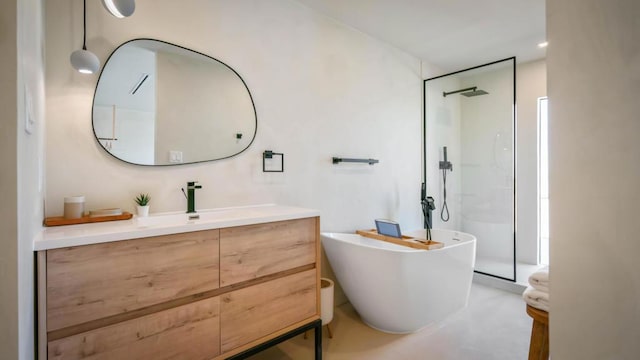 bathroom with vanity, plus walk in shower, and concrete floors