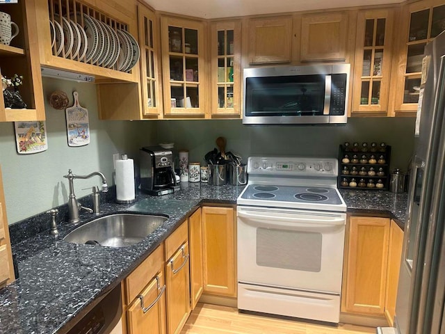 kitchen with dark stone countertops, light hardwood / wood-style floors, appliances with stainless steel finishes, and sink