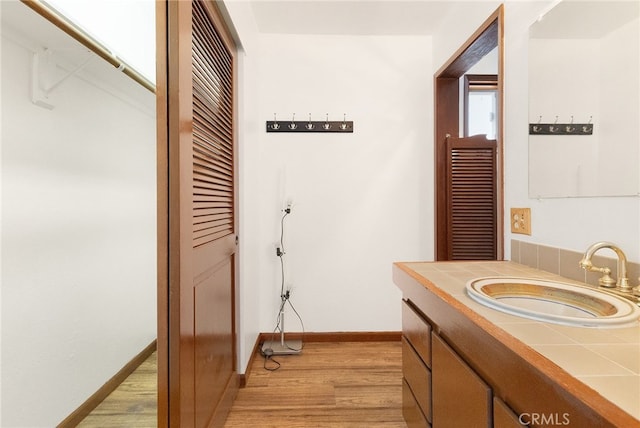 bathroom with hardwood / wood-style flooring and vanity