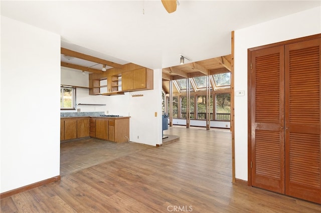 kitchen with ceiling fan and hardwood / wood-style floors