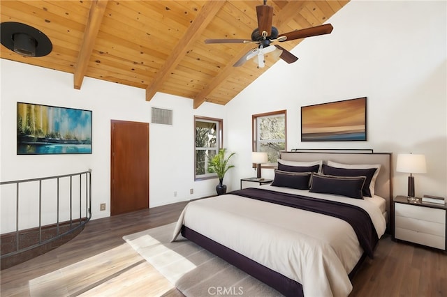 bedroom with beamed ceiling, dark hardwood / wood-style flooring, ceiling fan, and wooden ceiling