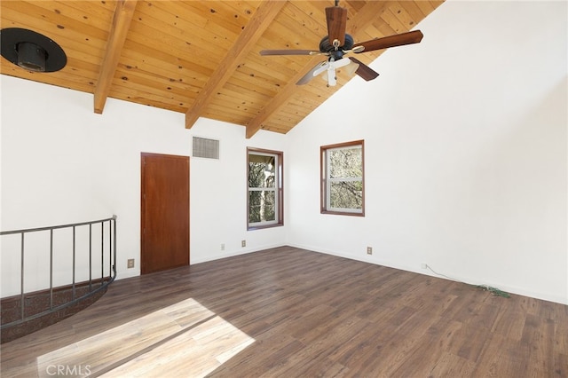 spare room featuring wooden ceiling, dark wood-type flooring, high vaulted ceiling, ceiling fan, and beamed ceiling