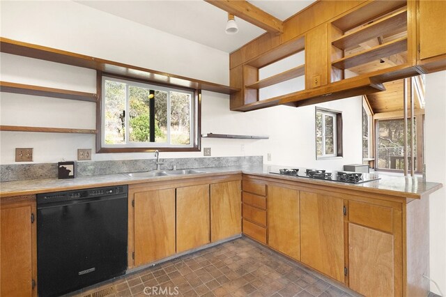 kitchen with gas cooktop, kitchen peninsula, sink, beamed ceiling, and dishwasher