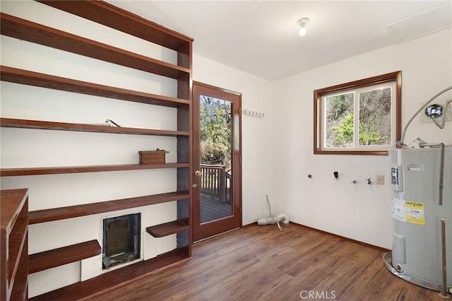 entryway featuring a wealth of natural light, electric water heater, and dark hardwood / wood-style flooring