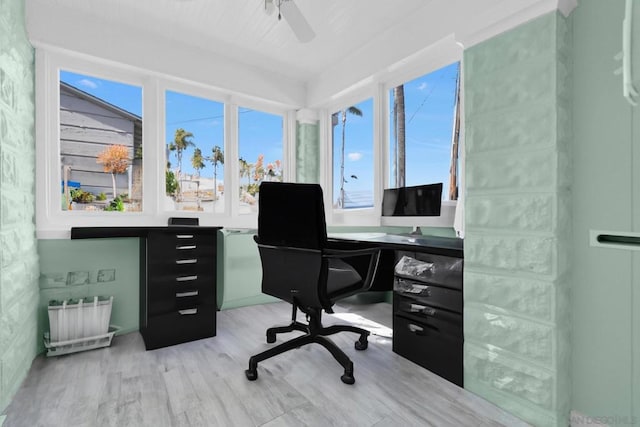 office with ceiling fan and light wood-type flooring