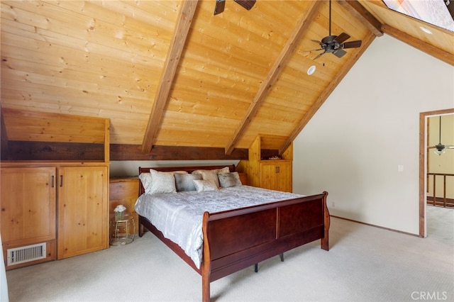 bedroom featuring vaulted ceiling with beams, ceiling fan, wooden ceiling, and light carpet