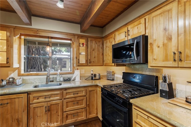 kitchen with beam ceiling, black range with gas stovetop, wooden ceiling, and sink