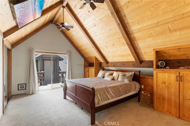 bedroom with beam ceiling, access to exterior, ceiling fan, light colored carpet, and wood ceiling