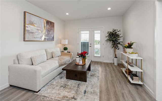 living room with wood-type flooring and french doors