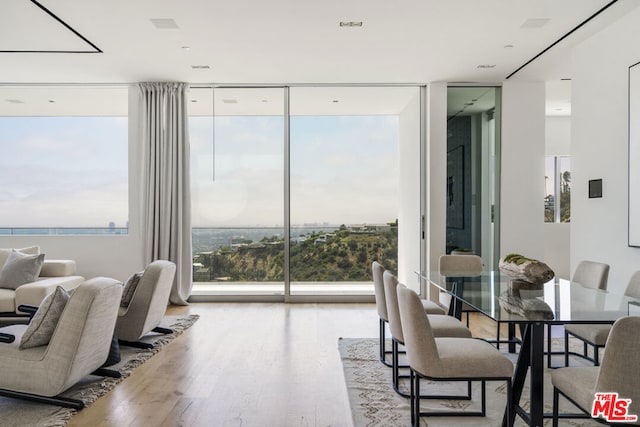 dining space featuring a healthy amount of sunlight, a wall of windows, and light wood-type flooring