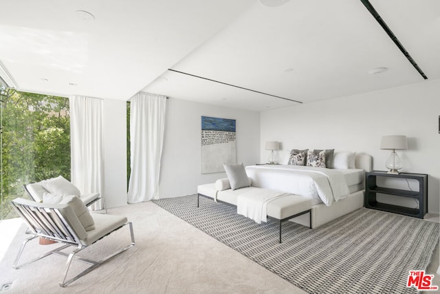 bedroom with light carpet, multiple windows, and floor to ceiling windows