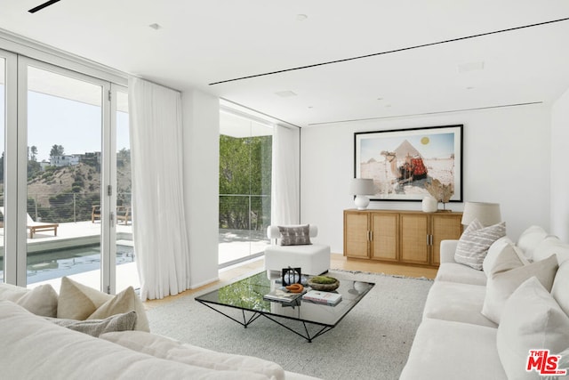 living room with a wall of windows and a healthy amount of sunlight