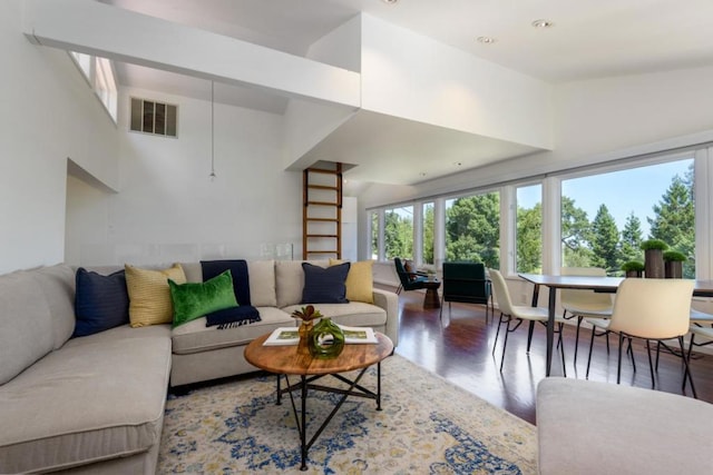 living room featuring a towering ceiling and hardwood / wood-style flooring