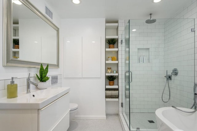 full bathroom with toilet, vanity, independent shower and bath, and tile patterned flooring