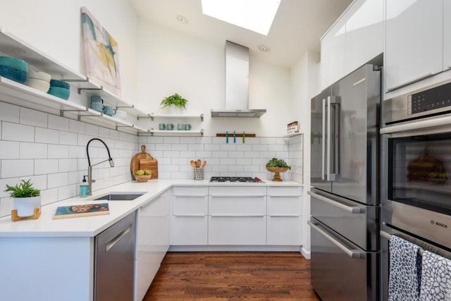 kitchen featuring appliances with stainless steel finishes, wall chimney exhaust hood, white cabinetry, decorative backsplash, and sink