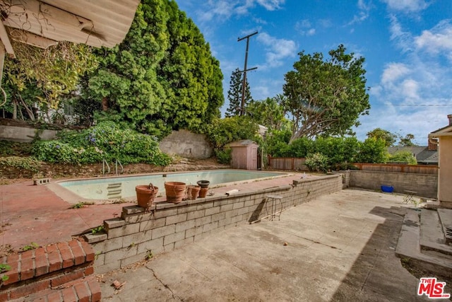 view of patio / terrace with a shed and an empty pool