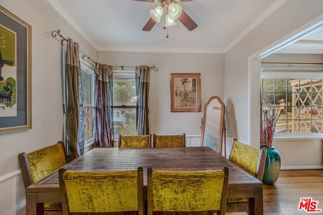 dining room featuring crown molding, ceiling fan, and wood-type flooring