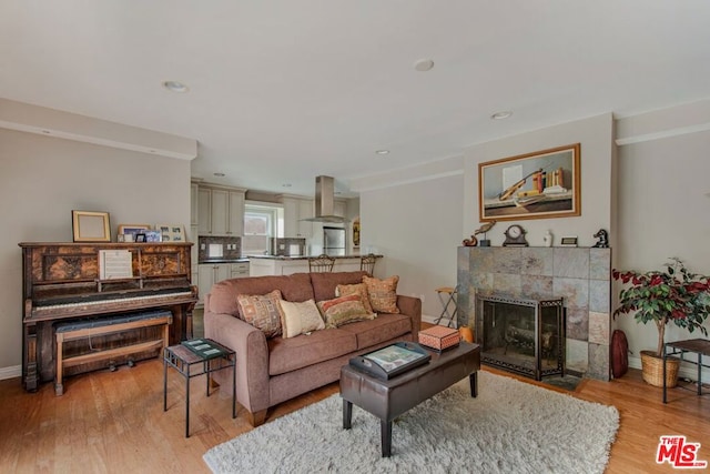 living room with a fireplace and light hardwood / wood-style flooring