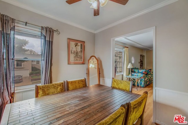 dining room featuring ceiling fan, wood-type flooring, and crown molding