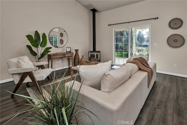 living room featuring dark wood-type flooring and a wood stove