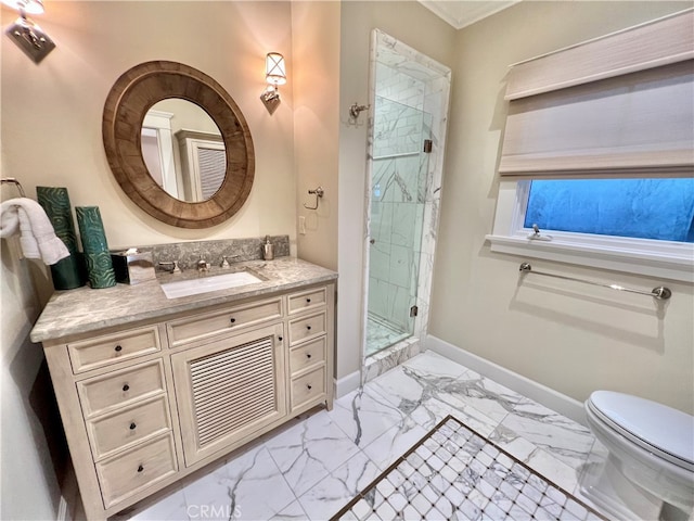 bathroom featuring vanity, toilet, tile patterned flooring, and walk in shower