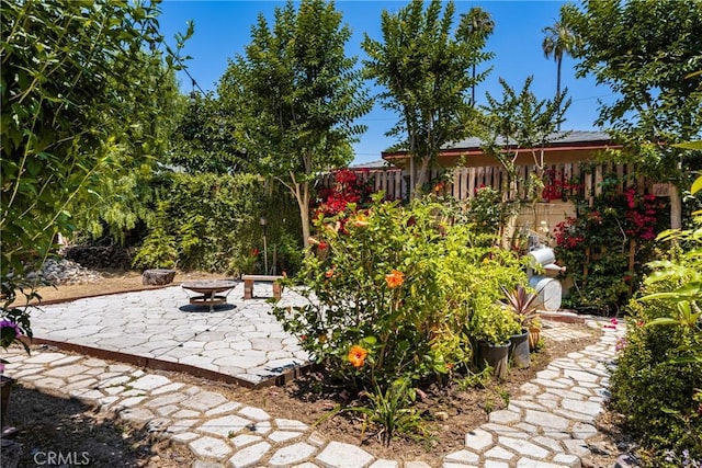 view of yard featuring a patio and an outdoor fire pit