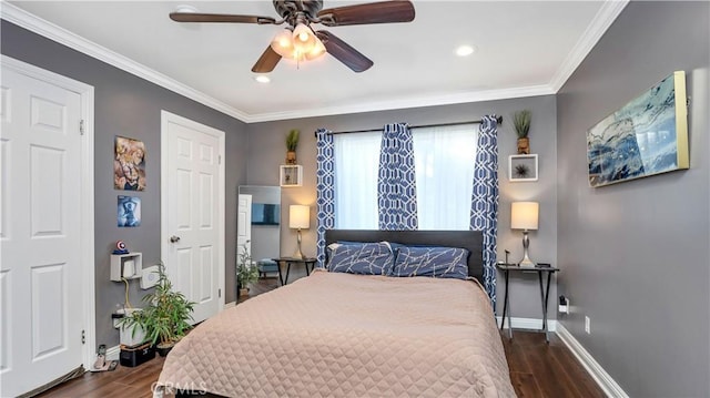 26853 Claudette St Unit 141, Canyon Country, CA 91351 - bedroom featuring dark wood-style floors, crown molding, recessed lighting, and a ceiling fan