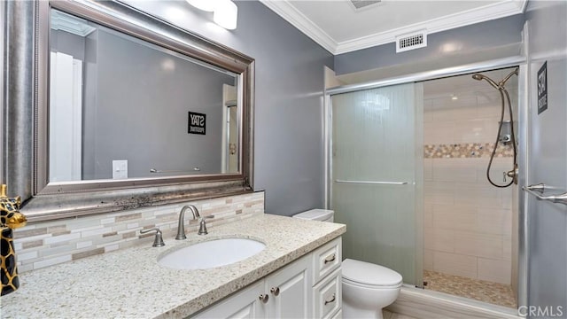26853 Claudette St Unit 141, Canyon Country, CA 91351 - bathroom featuring vanity, a stall shower, crown molding, and backsplash