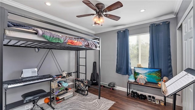 26853 Claudette St Unit 141, Canyon Country, CA 91351 - bedroom with recessed lighting, wood finished floors, ornamental molding, and ceiling fan