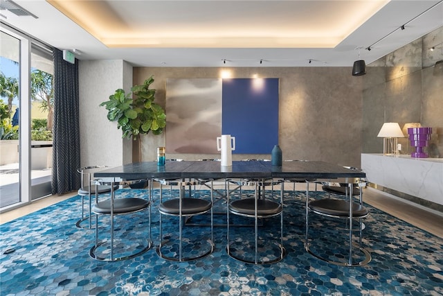 dining space with track lighting and a raised ceiling