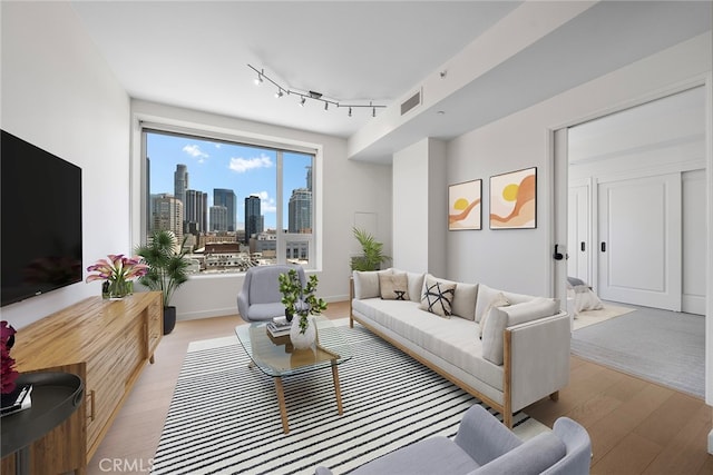 living room featuring light hardwood / wood-style floors and rail lighting