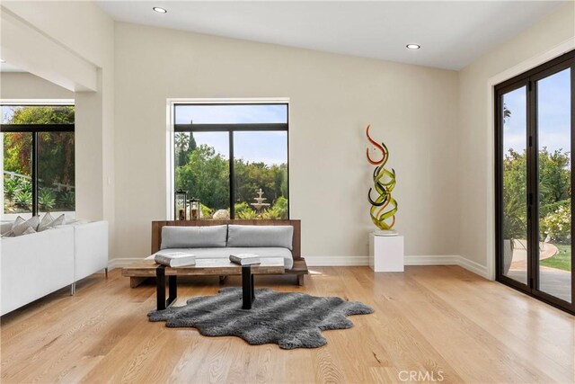 living area featuring lofted ceiling, light wood-type flooring, and plenty of natural light