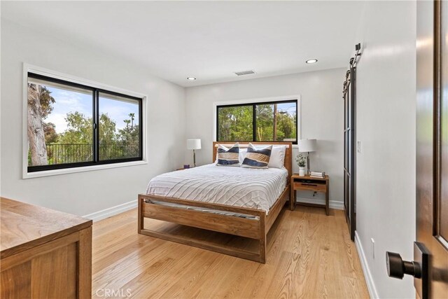 bedroom featuring light hardwood / wood-style flooring and multiple windows