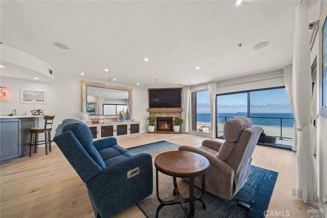 living room with a fireplace, a textured ceiling, light hardwood / wood-style floors, and sink