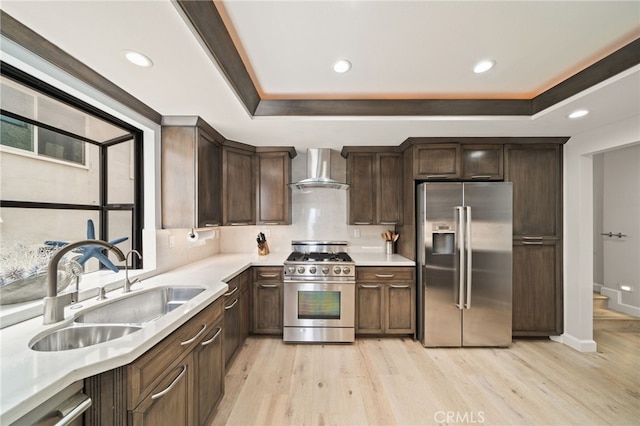 kitchen with appliances with stainless steel finishes, light wood-type flooring, a tray ceiling, sink, and wall chimney range hood