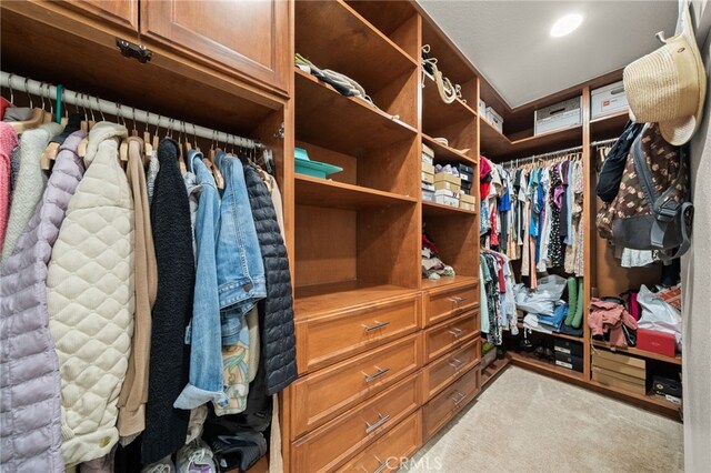 spacious closet featuring light carpet