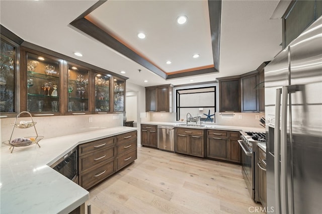 kitchen featuring a raised ceiling, glass insert cabinets, light stone counters, appliances with stainless steel finishes, and a sink