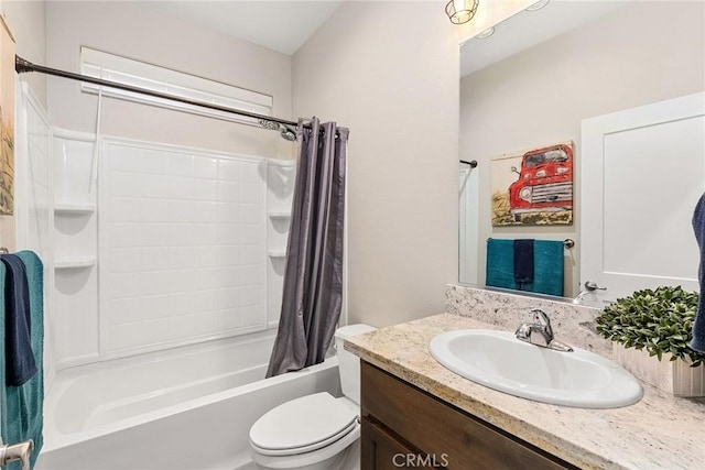 full bathroom with toilet, shower / bathtub combination with curtain, and vanity
