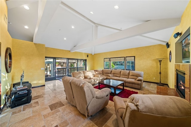 living room featuring high vaulted ceiling and beam ceiling