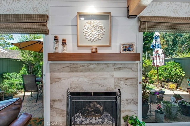 interior details with a fireplace