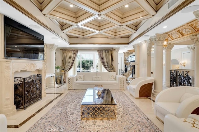 living room with beam ceiling, coffered ceiling, crown molding, and ornate columns