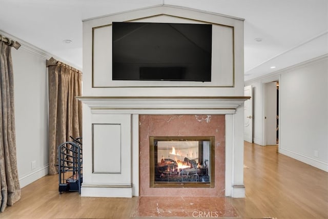 interior details featuring ornamental molding, wood-type flooring, and a high end fireplace