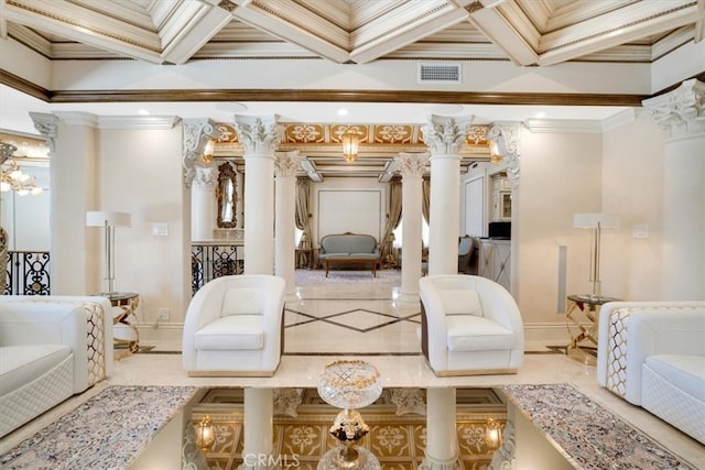 bedroom featuring crown molding, coffered ceiling, beam ceiling, and ornate columns