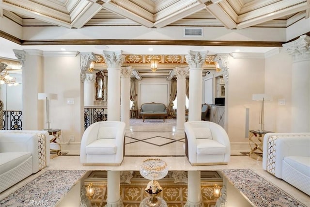 bedroom with ornate columns, ornamental molding, visible vents, and coffered ceiling
