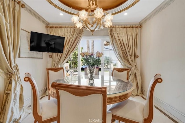 dining space featuring a notable chandelier, recessed lighting, ornamental molding, and a raised ceiling