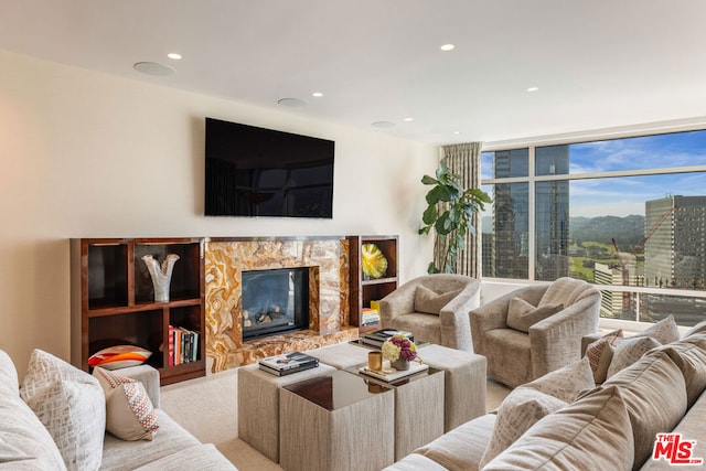 living room featuring a fireplace