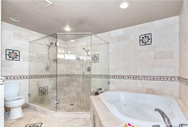 bathroom with toilet, tile walls, tile patterned flooring, and shower with separate bathtub