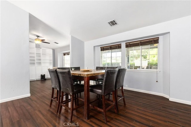 dining space featuring ceiling fan, built in features, and dark hardwood / wood-style floors