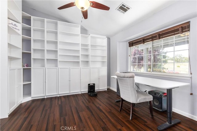 home office featuring dark wood-type flooring, lofted ceiling, and ceiling fan